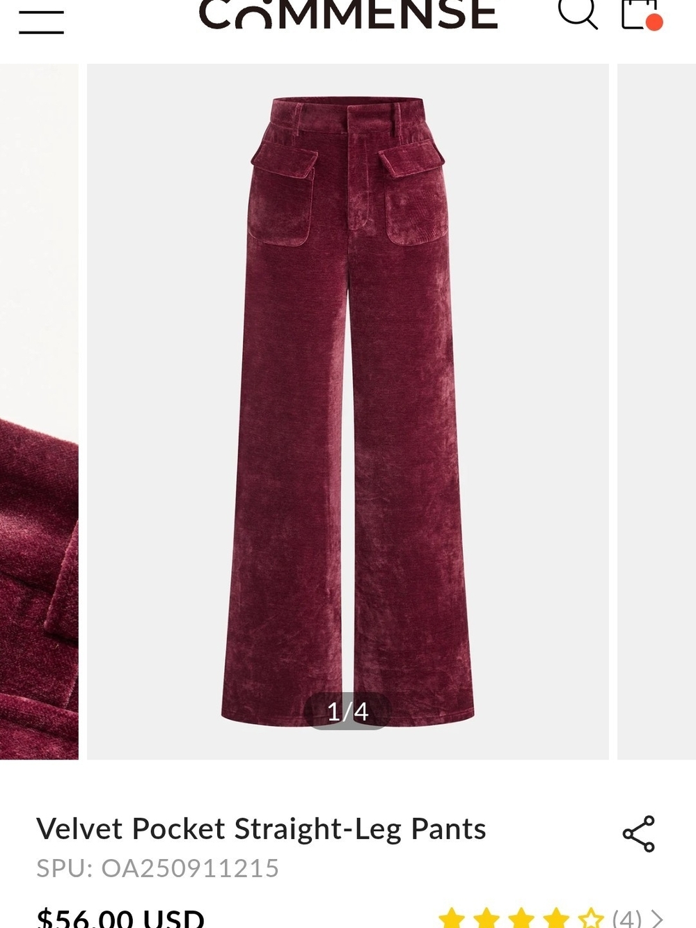 Commense Wine Velvet Pocket Straight-Leg Pants